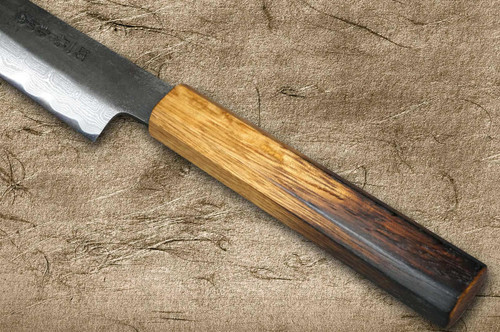 Satoshi Nakagawa Aogami #1 Damascus Kurouchi OK8B Japanese Chef's Kiritsuke-Yanagiba(Sujihiki) 240mm with Urushi Lacquered Oak Handle 