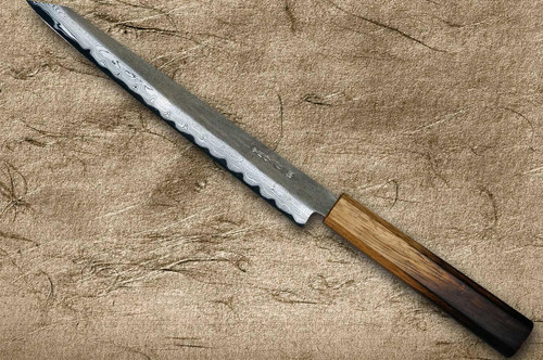 Satoshi Nakagawa Aogami #1 Damascus Kurouchi OK8B Japanese Chef's Kiritsuke-Yanagiba(Sujihiki) 240mm with Urushi Lacquered Oak Handle 