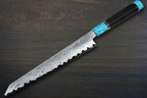 Satoshi Nakagawa Aogami #1 Damascus EBTCA2 Japanese Chef's Kiritsuke-Yanagiba(Sujihiki) 270mm with Double Blue Turquoise & Ebony Handle 