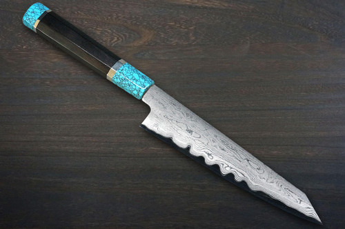 Satoshi Nakagawa Aogami #1 Damascus EBTCA2 Japanese Chef's Kritsuke-Petty Knife(Utility) 150mm with Double Blue Turquoise & Ebony Handle 