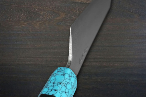Satoshi Nakagawa Aogami #1 Damascus EBTCA2 Japanese Chef's Kritsuke-Petty Knife(Utility) 150mm with Double Blue Turquoise & Ebony Handle 