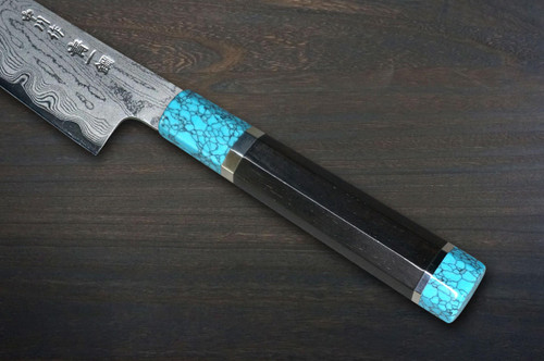 Satoshi Nakagawa Aogami #1 Damascus EBTCA2 Japanese Chef's Kritsuke-Petty Knife(Utility) 150mm with Double Blue Turquoise & Ebony Handle 