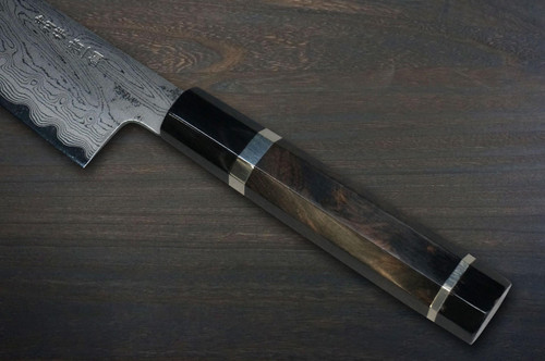 Satoshi Nakagawa Aogami #1 Damascus EBBFB2 Japanese Chef's Kiritsuke-Gyuto Knife 240mm with Double Buffalo Ringed Ebony Handle 