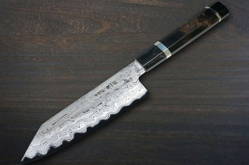Satoshi Nakagawa Aogami #1 Damascus EBBFB2 Japanese Chef's Bunka Knife 170mm with Double Buffalo Ringed Ebony Handle 