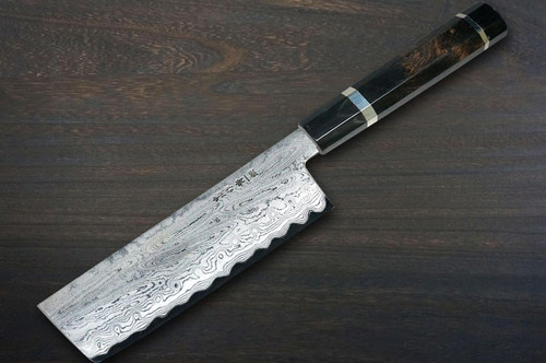 Satoshi Nakagawa Aogami #1 Damascus EBBFB2 Japanese Chef's Nakiri(Vegetable) 165mm with Double Buffalo Ringed Ebony Handle 