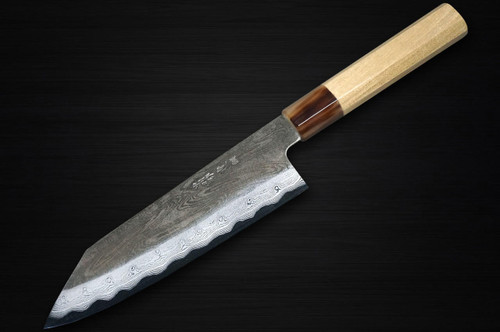 Satoshi Nakagawa Aogami #1 Damascus Kurouchi MB8W Japanese Chef's Bunka Knife 170mm with White Buffalo Tsuba Octagonal Handle 