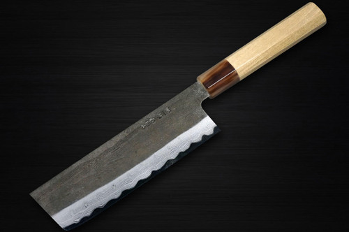 Satoshi Nakagawa Aogami #1 Damascus Kurouchi MB8W Japanese Chef's Nakiri(Vegetable) 165mm with White Buffalo Tsuba Octagonal Handle 