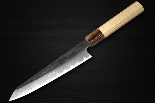 Satoshi Nakagawa Aogami #1 Damascus Kurouchi MB8W Japanese Chef's Kritsuke-Petty Knife(Utility) 150mm with White Buffalo Tsuba Octagonal Handle 