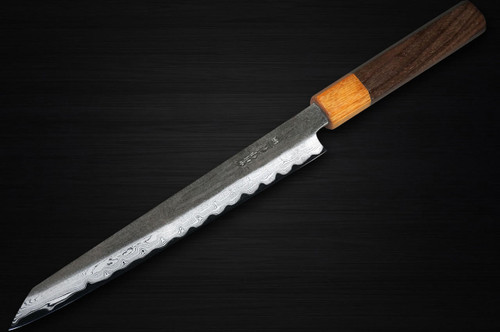 Satoshi Nakagawa Aogami #1 Damascus Kurouchi RS8M Japanese Chef's Kiritsuke-Yanagiba(Sujihiki) 270mm with Light-Brown-Ring Octagonal Handle 