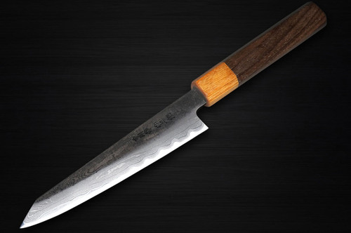 Satoshi Nakagawa Aogami #1 Damascus Kurouchi RS8M Japanese Chef's Kritsuke-Petty Knife(Utility) 150mm with Light-Brown-Ring Octagonal Handle 