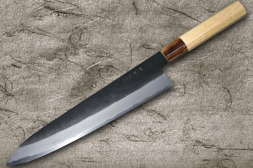 Satoshi Nakagawa Aogami #1 Kurouchi MB8W Japanese Chef's Gyuto Knife 210mm with White Buffalo Tsuba Octagonal Handle 