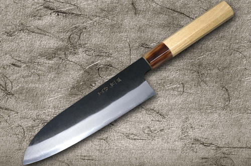 Satoshi Nakagawa Aogami #1 Kurouchi MB8W Japanese Chef's Santoku Knife 170mm with White Buffalo Tsuba Octagonal Handle 