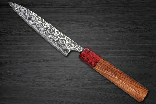 Yoshimi Kato R2 Black Damascus RS8R Japanese Chef's Petty Knife(Utility) 120mm with Red-Ring Octagonal Honduran Rosewood Handle 