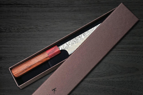 Yoshimi Kato R2 Black Damascus RS8R Japanese Chef's Petty Knife(Utility) 120mm with Red-Ring Octagonal Honduran Rosewood Handle 