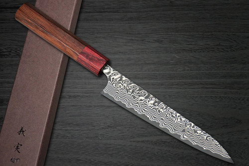 Yoshimi Kato R2 Black Damascus RS8R Japanese Chef's Petty Knife(Utility) 150mm with Red-Ring Octagonal Honduran Rosewood Handle 