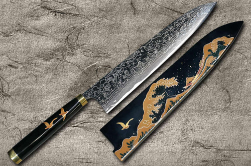 Takeshi Saji Makie-Art R2(SG2) Mirrored Damascus Japanese Chef's Gyuto Knife 270mm with Urushi Lacquered Saya and Custom Handle FUJI on WAVE (NAMI FUJI) 