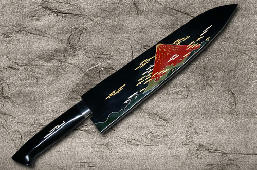 Takeshi Saji Makie-Art Aogami No.2 Colored Damascus Japanese Chef's Gyuto Knife 210mm with Urushi Lacquered Saya and Handle RED FUJI (AKA FUJI) 