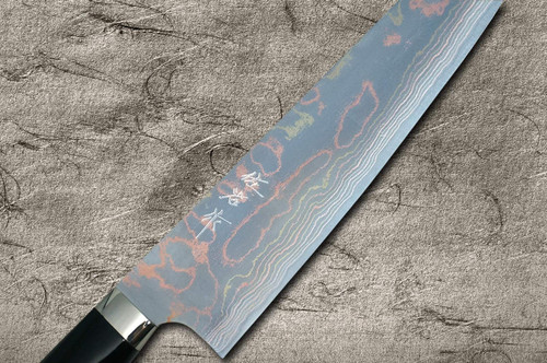 Takeshi Saji Makie-Art Aogami No.2 Colored Damascus Japanese Chef's Gyuto Knife 210mm with Urushi Lacquered Saya and Handle RED FUJI (AKA FUJI) 