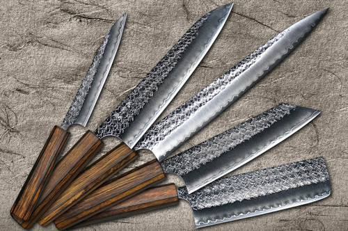 Yoshimi Kato R2 MINAMO Hammered OK8B Japanese Chef's Knife SET 270mm with Urushi Lacquered Oak Handle Dark Brown (Gyuto210-Slicer-Bunka-Vegetable-Petty120) 