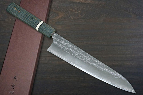 Yoshimi Kato R2 MINAMO Hammered STWA Japanese Chef's Gyuto Knife 210mm with Stabilized Hybrid Wood Handle [Light Blue - White&Black Rings] 