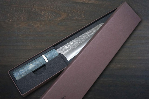 Yoshimi Kato R2 MINAMO Hammered STWA Japanese Chef's Kengata-Gyuto Knife 210mm with Stabilized Hybrid Wood Handle [Light Blue - White&Black Rings] 