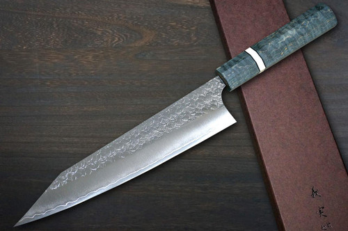 Yoshimi Kato R2 MINAMO Hammered STWA Japanese Chef's Kengata-Gyuto Knife 210mm with Stabilized Hybrid Wood Handle [Light Blue - White&Black Rings] 
