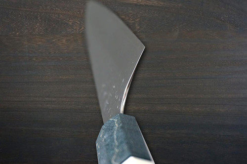 Yoshimi Kato R2 MINAMO Hammered STWA Japanese Chef's Kengata-Gyuto Knife 210mm with Stabilized Hybrid Wood Handle [Light Blue - White&Black Rings] 