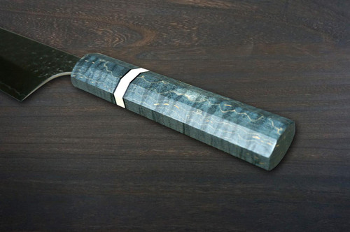 Yoshimi Kato R2 MINAMO Hammered STWA Japanese Chef's Kengata-Gyuto Knife 210mm with Stabilized Hybrid Wood Handle [Light Blue - White&Black Rings] 