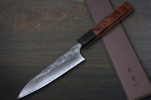 Yoshimi Kato R2 MINAMO Hammered EB8N-ROSE Japanese Chef's Petty Knife(Utility) 120mm with Rose-Ring Ebony Handle 