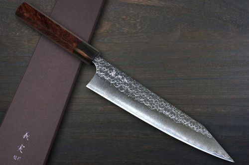 Yoshimi Kato R2 MINAMO Hammered EB8N-ROSE Japanese Chef's Kengata-Gyuto Knife 210mm with Rose-Ring Ebony Handle 