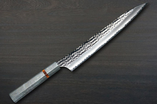 Yu Kurosaki R2(SG2) Hammered SENKO-EI WA STWG-AM Japanese Chef's Slicer(Sujihiki) 270mm with Stabilized Hybrid Wood Handle [Light Gray - Amber Ring] 