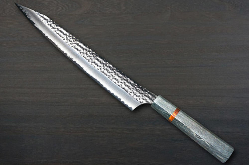 Yu Kurosaki R2(SG2) Hammered SENKO-EI WA STWG-AM Japanese Chef's Slicer(Sujihiki) 270mm with Stabilized Hybrid Wood Handle [Light Gray - Amber Ring] 