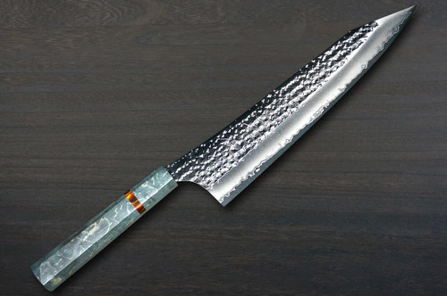 Yu Kurosaki R2(SG2) Hammered SENKO-EI WA STWG-AM Japanese Chef's Gyuto Knife 240mm with Stabilized Hybrid Wood Handle [Light Gray - Amber Ring] 