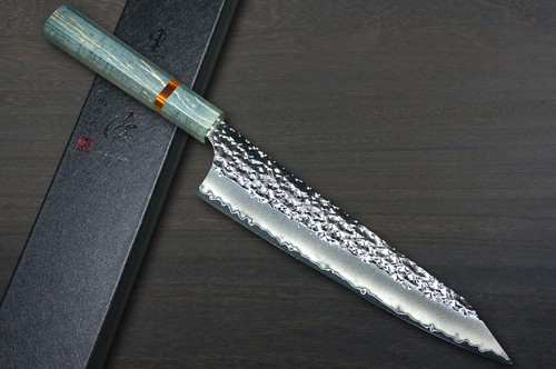 Yu Kurosaki R2(SG2) Hammered SENKO-EI WA STWG-AM Japanese Chef's Gyuto Knife 210mm with Stabilized Hybrid Wood Handle [Light Gray - Amber Ring] 