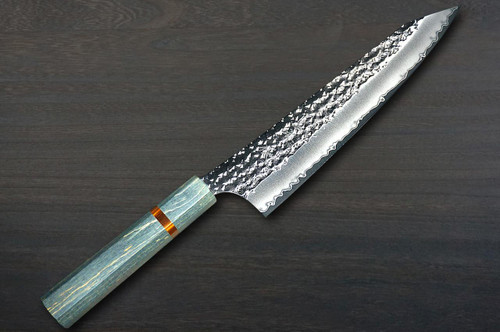 Yu Kurosaki R2(SG2) Hammered SENKO-EI WA STWG-AM Japanese Chef's Gyuto Knife 180mm with Stabilized Hybrid Wood Handle [Light Gray - Amber Ring] 