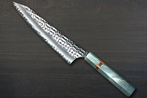 Yu Kurosaki R2(SG2) Hammered SENKO-EI WA STWG-AM Japanese Chef's Gyuto Knife 180mm with Stabilized Hybrid Wood Handle [Light Gray - Amber Ring] 