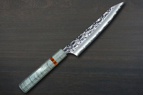 Yu Kurosaki R2(SG2) Hammered SENKO-EI WA STWG-AM Japanese Chef's Petty Knife(Utility) 150mm with Stabilized Hybrid Wood Handle [Light Gray - Amber Ring] 
