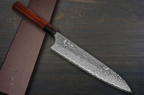 Yoshimi Kato R2 Black Damascus EB8N-ROSE Japanese Chef's Gyuto Knife 210mm with Rose-Ring Ebony Handle 