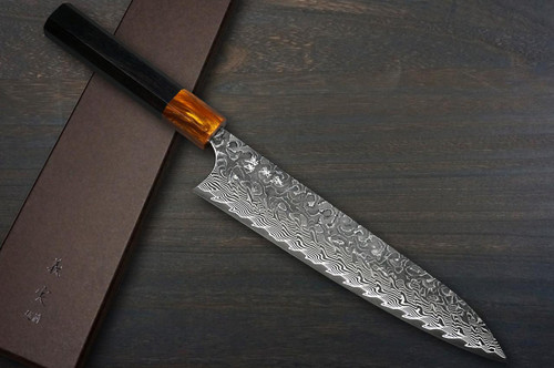 Yoshimi Kato R2 Black Damascus EB8N-OR Japanese Chef's Gyuto Knife 210mm with Orange-Ring Ebony Handle 