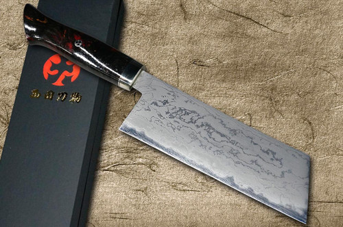 Daisuke Nishida Shirogami No.1 Damascus Japanese Chef's Kiritsuke-Nakiri(Vegetable) 180mm with Stabilized BP Birch Handle [Wine-Red] 