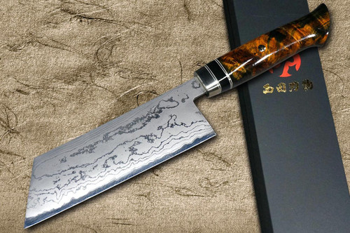 Daisuke Nishida Shirogami No.1 Damascus Japanese Chef's Kiritsuke-Nakiri(Vegetable) 180mm with Stabilized Burl Birch Handle [Brown] 