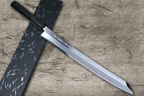 Sakai Takayuki ZANGETSU Ginsan Japanese Chef's Mirrored Kiritsuke-Yanagiba(Sashimi) 300mm with Double Water Buffalo Ring Ebony Handle 