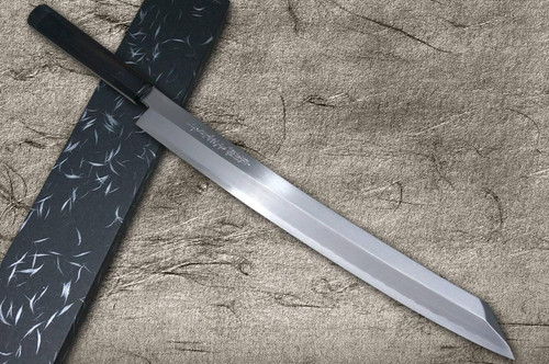 Sakai Takayuki ZANGETSU Ginsan Japanese Chef's Mirrored Kiritsuke-Yanagiba(Sashimi) 360mm with Double Water Buffalo Ring Ebony Handle 