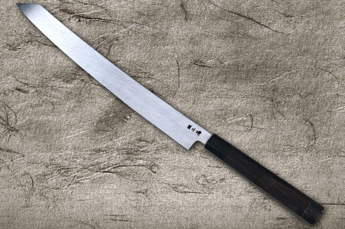 Sakai Takayuki ZANGETSU Ginsan Japanese Chef's Mirrored Kiritsuke-Yanagiba(Sashimi) 390mm with Double Water Buffalo Ring Ebony Handle 