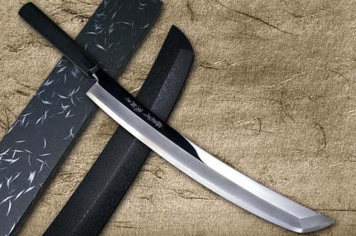 Sakai Takayuki ONIZORI Ginsan Japanese Chef's Mirrored Sakimaru-Takohiki(Sashimi) 390mm with Double Water Buffalo Ring Ebony Handle [Strongly Arched Version] 