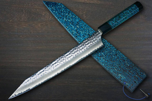 Yu Kurosaki R2(SG2) Hammered SENKO-EI WA INDIGO Japanese Chef's Slicer(Sujihiki) 270mm with Indigo-dyed Handle and Saya Sheath [AI-TENMOKU] 