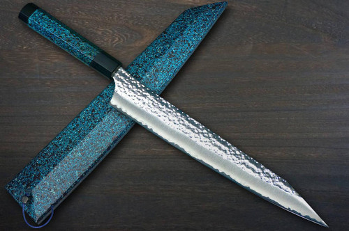 Yu Kurosaki R2(SG2) Hammered SENKO-EI WA INDIGO Japanese Chef's Slicer(Sujihiki) 240mm with Indigo-dyed Handle and Saya Sheath [AI-TENMOKU] 