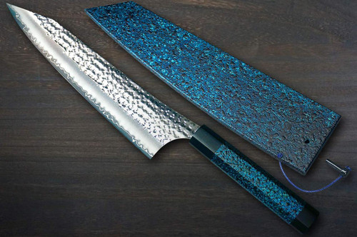 Yu Kurosaki R2(SG2) Hammered SENKO-EI WA INDIGO Japanese Chef's Gyuto Knife 240mm with Indigo-dyed Handle and Saya Sheath [AI-TENMOKU] 
