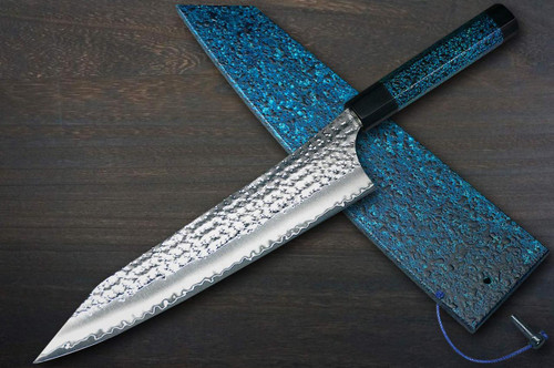 Yu Kurosaki R2(SG2) Hammered SENKO-EI WA INDIGO Japanese Chef's Gyuto Knife 240mm with Indigo-dyed Handle and Saya Sheath [AI-TENMOKU] 