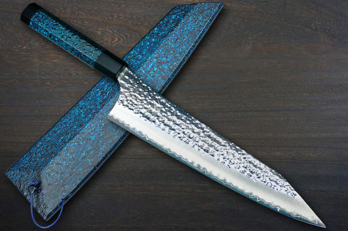 Yu Kurosaki R2(SG2) Hammered SENKO-EI WA INDIGO Japanese Chef's Gyuto Knife 240mm with Indigo-dyed Handle and Saya Sheath [AI-TENMOKU] 